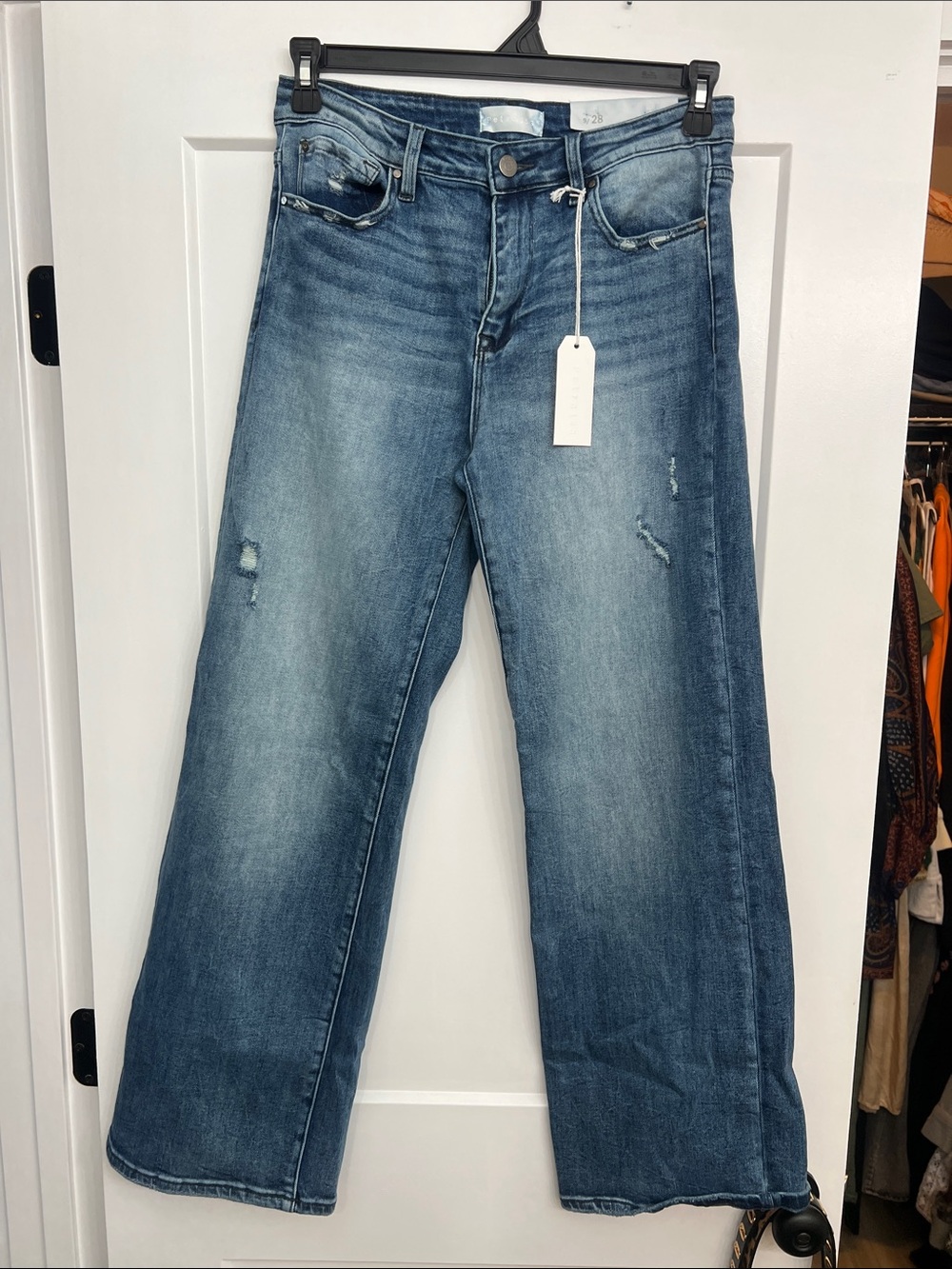 Wide Leg Distressed Jeans - Blue